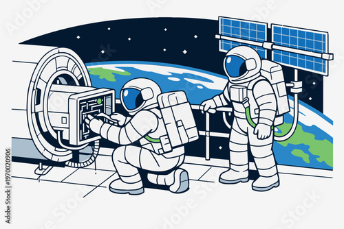 Two astronauts perform repairs on an orbital space station with Earth and satellite in the background. Flat vector style illustration.