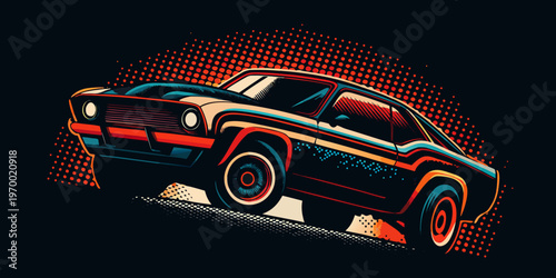 Vintage muscle car illustration with a dynamic halftone background