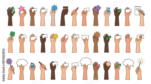 Hands holding heart, speech bubble, star, emoji, message. Giving feedback, sharing opinion, emotion. Communication arm gestures, signs. Flat vector illustrations set isolated on white background