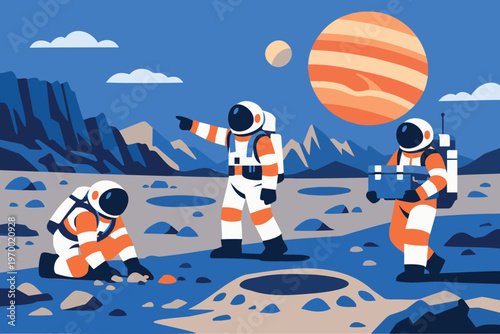 Flat vector illustration of three astronauts exploring a rocky alien landscape with craters and mountains under a large striped gas giant planet in the sky.