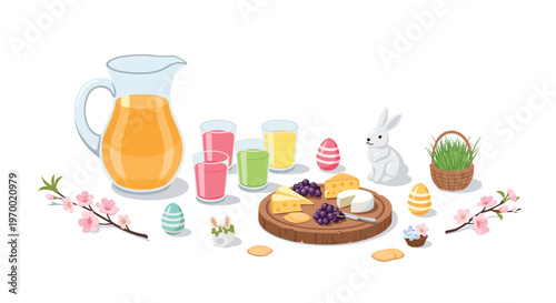 A vibrant Easter spread with orange juice, drinks, cheese, grapes, cherry blossoms, eggs, a bunny, grass, and cookies is arranged on a white surface.