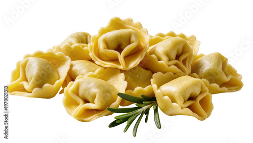Fotografie Golden cooked tortellini pasta, garnished with fresh green rosemary sprig