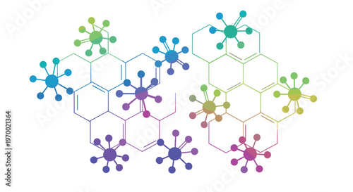 Several interconnected hexagonal molecular structures with colorful star-like atomic clusters are arranged on a white background.