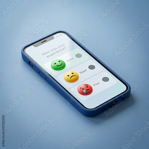 Smartphone with customer feedback survey on screen with emojis  technology and user experience concept