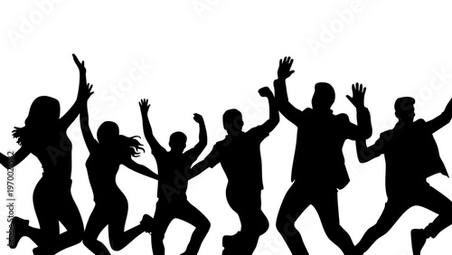 Happy Jumping People Silhouette Celebration Concept, Energetic Dancing Group Black Silhouette Background, Joyful Crowd Jumping Active Lifestyle Illustration, Dynamic People Silhouettes Party And Freed