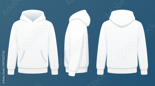3D illustration of a blank hooded sweatshirt mockup featuring a front zipper, displayed in side and front perspectives.