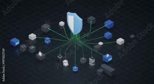 Network security concept with shield and connections.