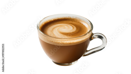 Fotografía Frothy brown latte swirling in clear glass mug, ceramic handle visible