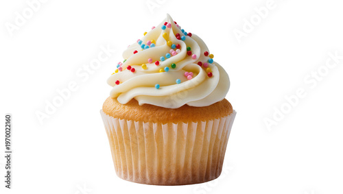 Creamy frosted cupcake with pink yellow green, blue sprinkles atop a pleated paper liner