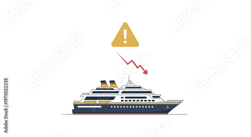 A blue and white cruise ship is depicted with a warning sign and a downward arrow on a white background.