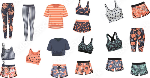 Women activewear clothing set with patterns sports bra leggings shorts tops fitness fashion vector illustration collection