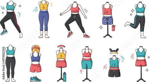Women fitness outfits and workout poses set active lifestyle sportswear collection gym training vector illustration