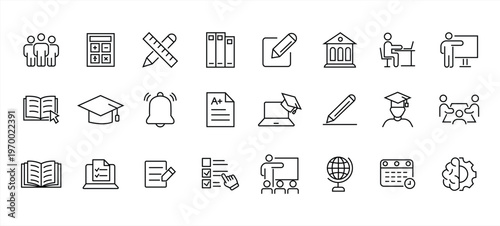 Education icon set. Learning icons in line style. Editable web icons for learning, school, knowledge, teaching, e-learning. Vector illustration.