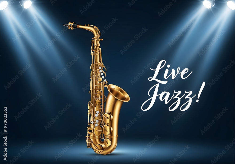 Naklejka premium A shiny saxophone on a dark stage with spotlights shining down