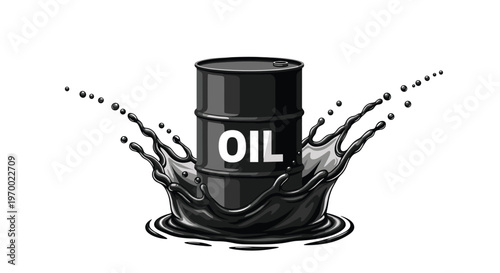 A black oil barrel with OIL text is surrounded by a splash of black liquid on a white background.