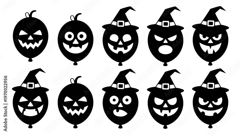Obraz premium A collection of black silhouette Halloween balloons displaying various spooky jack-o'-lantern faces with witch hats.