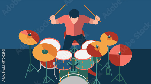 Drummer playing drum set energetically in studio top view