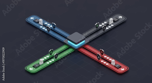 Four colorful electronic devices connected together.