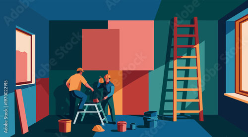 Construction workers painting interior walls in empty room