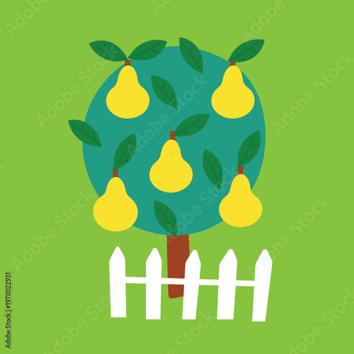 Pear tree with fence on green background in cartoon style. Vector Fruit Tree for Kids Illustrations