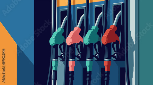 Fuel pumps dispensing fuel at station forecourt refueling