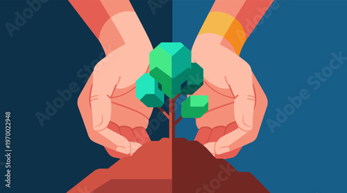 Hands nurturing small tree seedling in soil mound setting