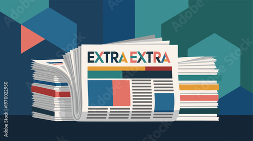 Newspaper stack displaying extra extra headline on flat background