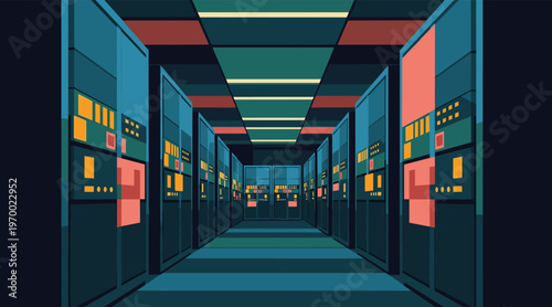 Server racks lining data center corridor with led panels