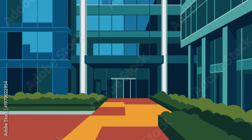 Office building entrance depicting modern corporate exterior walkway