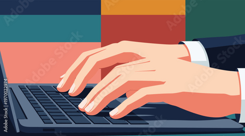 Hands typing on laptop keyboard at desk with colorful background