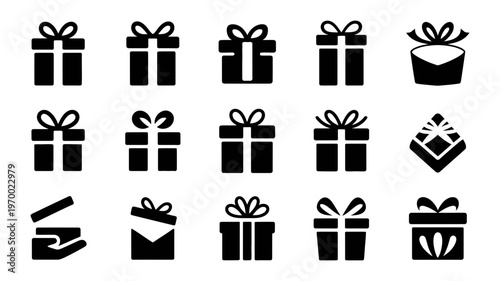 A collection of various solid black gift box icons with different bow and ribbon designs.