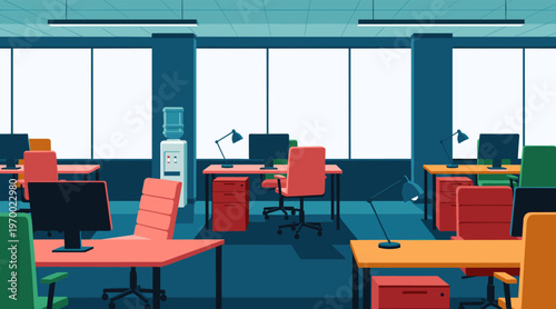 Open plan office workspace with desks chairs and windows