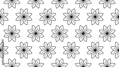 A simple and clean black and white outline seamless floral pattern featuring uniform flower arrangements.