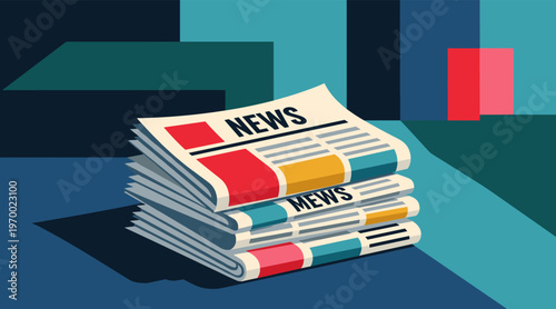 Stacked newspapers arranged on table with bold headlines visible