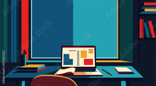Home study desk with laptop and notebook by window scene