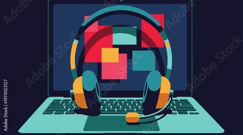 Headset placed on laptop keyboard with abstract screen graphics