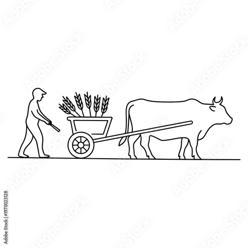 A simple line art illustration of a farmer walking beside an ox pulling a cart loaded with crops.