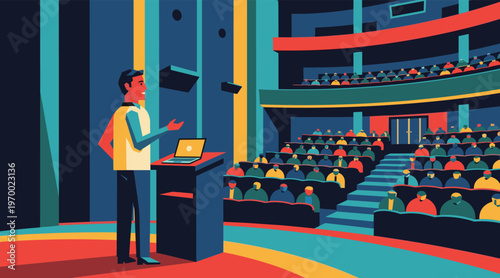 Speaker presenting to audience in large auditorium conference