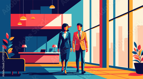 Businesspeople walking confidently through modern office lobby interior