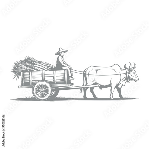 A traditional hand-drawn outline illustration of a farmer sitting on a hay-filled ox cart pulled by an ox.