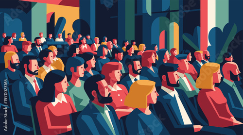 Large audience seated listening in conference hall interior