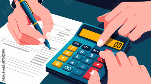 Hands calculating financial figures with calculator over paperwork