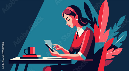 Woman reading tablet while seated at small table in interior