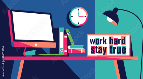 Office desk with computer and motivational sign on tabletop