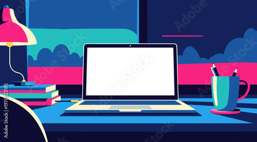 Laptop computer open and idle on desk by window at night