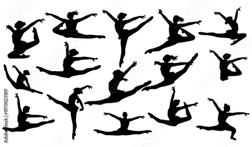 Gymnast silhouette collection vector female split poses rhythmic dance set