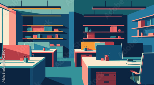 Open office workspace with multiple desks and shelving units