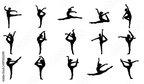 Female gymnast vector silhouette collection split jump dance sport clipart
