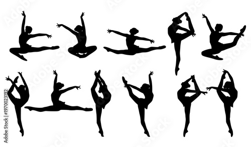 Female gymnast silhouettes vector set split jump rhythmic dance sport