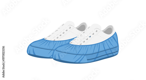 A pair of white sneakers are fully covered by blue disposable shoe covers, resting on a clean white surface.